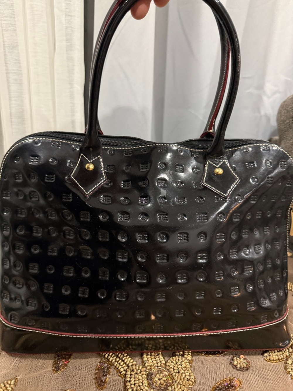 Arcadia Black Patent Tote with Red-Trim Handles
